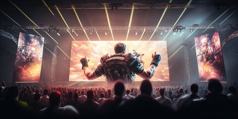 Wall Mural - E-sports arena, filled with cheering fans and colorful LED lights. Players compete on a large stage in front of a massive screen. Big arena with many people, big stage, concert hall. Generative AI