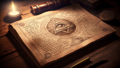 Poster - Mysterious ancient illuminati occult manuscript on wooden table created with Generative AI