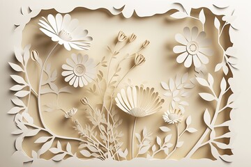 Wall Mural - White flowers paper cut background with copyspace. Generative AI