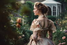 Portrait Of Lady In Vintage Dress In Spring Time Rose Garden, Book Cover, Created With Generative AI Technology