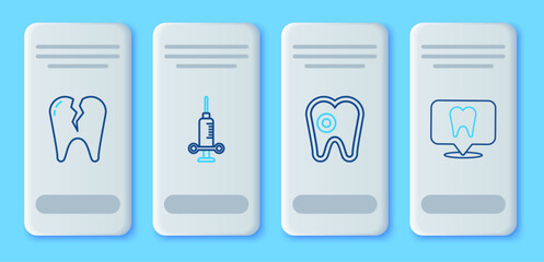 Sticker - Set line Dental medical syringe, Tooth with caries, Broken tooth and clinic location icon. Vector