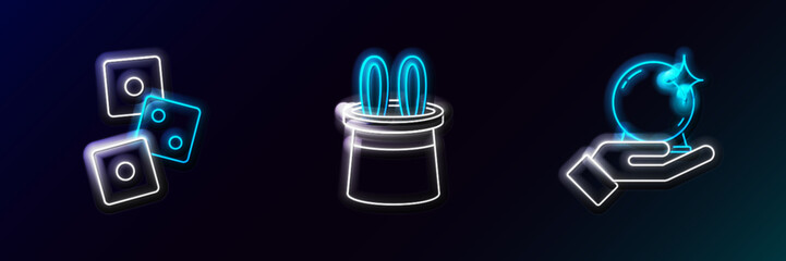 Poster - Set line Magic ball on hand, Game dice and Magician hat rabbit ears icon. Glowing neon. Vector