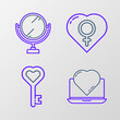 © Oksana - Set line Online dating app and chat, Key heart shape, Female gender and Round makeup mirror icon. Vector