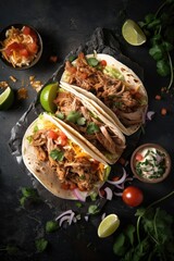 Mexican pork carnitas tacos composition. Generative AI