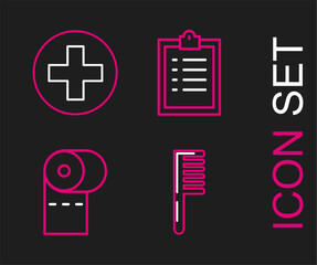 Sticker - Set line Hairbrush, Toilet paper roll, Clipboard with checklist and Cross hospital medical icon. Vector