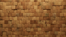 Soft Sheen, 3D Wall Background With Tiles. Timber, Tile Wallpaper With Wood, Square Blocks. 3D Render