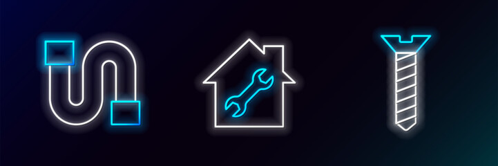 Sticker - Set line Metallic screw, Industry pipe and House repair icon. Glowing neon. Vector