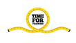 A circle of a yellow measuring centimeter tape on a white background and in the tape there is lettering time for training