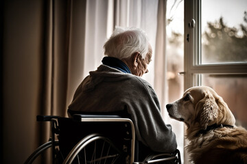 Wall Mural - Lonely sad elderly man in wheelchair in nursing home with his dog, the friendship of people and animals. Generative AI