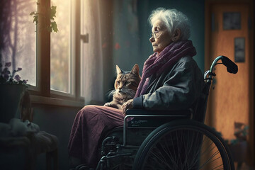 Wall Mural - Lonely sad elderly woman in wheelchair with her cat, the friendship of people and animals. Generative AI