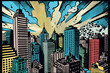 © Hatia - downtown city skyline comic book art style. digital art illustration. generative AI.