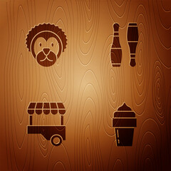 Poster - Set Ice cream, Wild lion, Fast street food cart and Bowling pin on wooden background. Vector