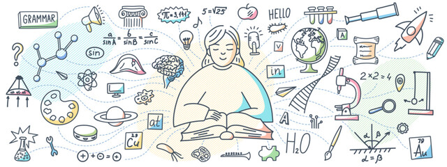 Wall Mural - Girl reading book. Student studying with textbook. Education concept. School subjects doodle. 