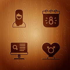 Wall Mural - Set Gender, Muslim woman in hijab, Dating app and Calendar with 8 March on wooden background. Vector