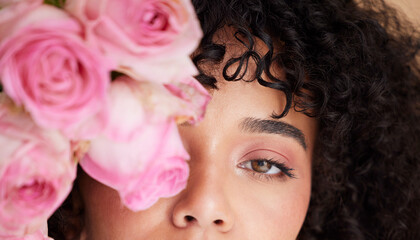 Wall Mural - beauty, flowers and eyes of woman with makeup, cosmetics for wellness, glamour and glow in studio. s