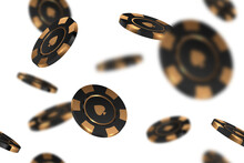 Black Gold Casino Chips Falling Seamless Pattern Isolated On Transparent Background In Different Positions. PNG Poker Endless Texture With Falling Golden Defocused Blur Elements