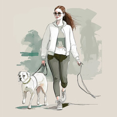 Lifestyle vector illustration, a young beautiful girl in comfortable sportswear on a walk with her pet, ar in a watercolor style a dog on a walk, spring weather
