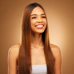 Wall Mural - Hair, beauty and smile portrait of woman in studio for growth and color shine or healthy texture. Aesthetic female happy for haircare, natural makeup and hairdresser or salon on a brown background