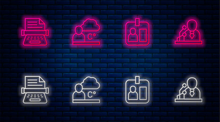 Wall Mural - Set line Weather forecast, Journalist id card, Retro typewriter and Breaking news. Glowing neon icon on brick wall. Vector