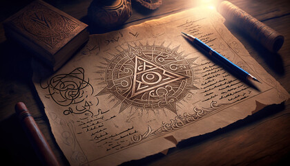 Poster - Mysterious ancient illuminati occult manuscript on wooden table created with Generative AI