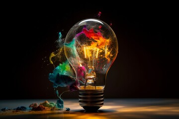 Wall Mural - Lightbulb eureka moment with Impactful and inspiring artistic colourful explosion of paint energy, generative ai
