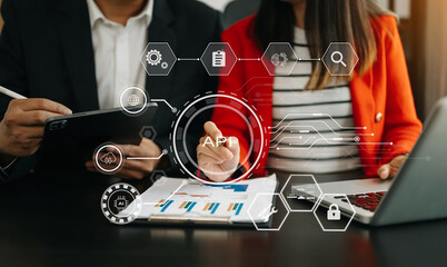Wall Mural - api application programming interface, woman using laptop, tablet and smartphone with virtual screen