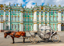 Horse Carriage On Palace Square And Hermitage Museum At Background, Saint Petersburg, Russia