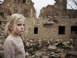 Wall Mural - Little girl is next to ruins of house. Generative AI