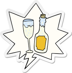 cartoon champagne bottle and glass and speech bubble sticker