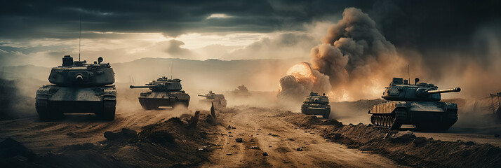 battle modern tanks in war on battlefield with explosions and smoke. Generative AI illustration
