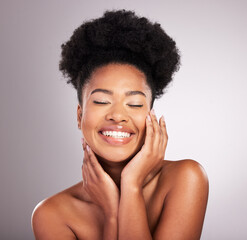 Poster - Skincare, beauty and happy black woman with smile, confidence on white background and cosmetics product. Health, dermatology and natural makeup, African model in studio for healthy skin and care.