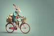 niedlicher Hase fährt auf dem Fahrrad mit einem Korb voller Eier und Geschenke, Comic Stil,  Generative KI, Generative AI