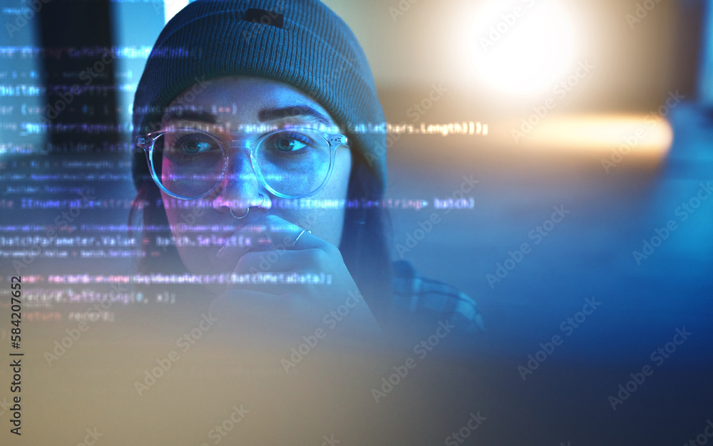 Hacking Computing Programmer, code or woman hacker in dark room at night for coding ...