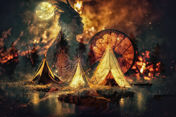 Poster - indian teepee standing in beautiful night landscape and shaman woman. Collage of digital art and real photos.