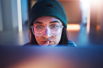 Aufkleber - Cybersecurity, ransomware and woman hacker working on a computer in the basement at night for phishing. Database, password and malware with a female coder hacking a digital transformation network