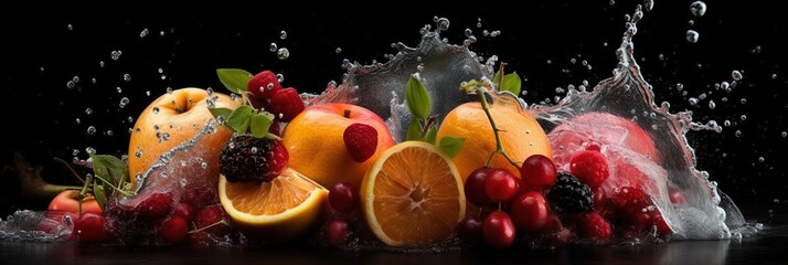 Wall Mural - Wide banner background with fruits and splashes of water. Isolated food wallpaper generative ai