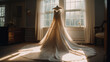 White Wedding Gown Hanging in Front of a Sun Filled Window, Vintage Inspired, Lace Bridal Dress, Generative AI