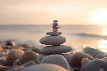 balance stack of zen stones on beach during an emotional and peaceful sunset, golden hour on the beach