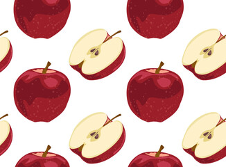 Whole and cut in half red apple. Seamless pattern in vector. Dietary and healthy food. Suitable for prints and backgrounds.