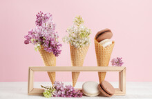 Various Macaroon Cookies In Ice Cream Cones