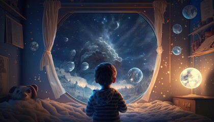 Wall Mural - a kid watching out at big window open to galaxy sky, midnight time, idea for imagination and dream concept, Generative Ai