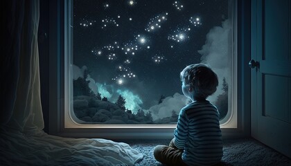 Wall Mural - a kid watching out at big window open to galaxy sky, midnight time, idea for imagination and dream concept, Generative Ai