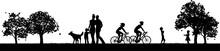 Scene Of Silhouette People In Park Or Outdoor Setting Exercising And Enjoying Nature. A Family Are Walking The Dog. Cyclists Are Cycling Their Bikes Or Bicycles And Children Are Playing A Ball Game.