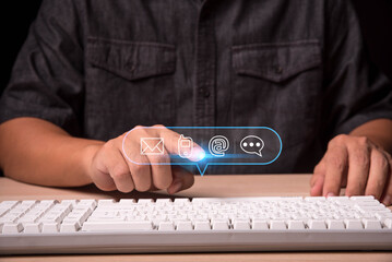 Aufkleber - Businessman using computer keyboard with the email, call phone, address, Chat message icons, Customer support hotline Contact us people connection