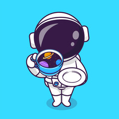 Wall Mural - Cute Astronaut Drink Coffee Space Cup Cartoon Vector Icon Illustration. Science Drink Icon Concept Isolated Premium Vector. Flat Cartoon Style