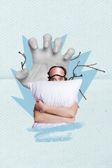 Canvas Print - Photo cartoon comics sketch collage picture of scared lady hiding pillow afraid nightmares isolated drawing background