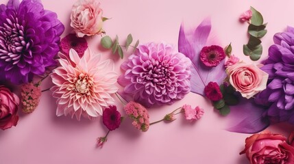 Wall Mural - Dahlia flowers over pastel background. Flat lay. Top view. Romance concept. Generative ai.