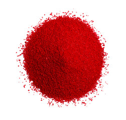 Heap of red food coloring isolated on white, top view