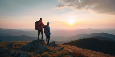 Wall Mural - A pair of man and woman friends standing on top of a mountain together on a hike with backpacks in the sunset sunlight, a view of the beautiful scenery from above, a family hike. Generative AI.