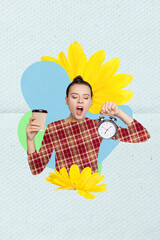 Sticker - Vertical creative minimal design photo collage of young sleepy young woman yawning hold morning coffee alarm clock isolated on blue background